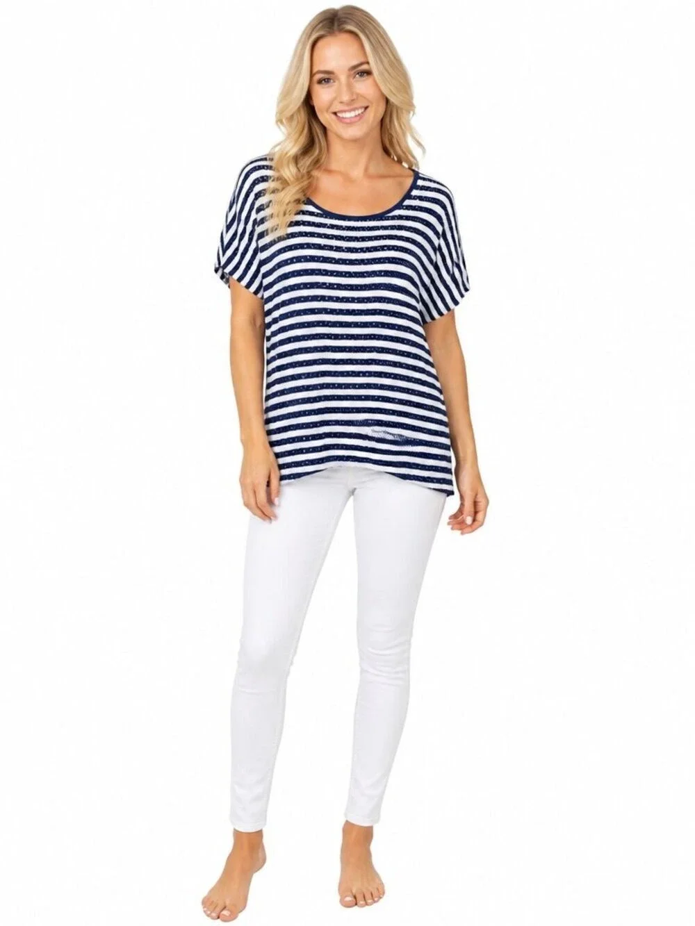 Liz Claiborne Navy & White Striped Sparkle Top XL – Short Sleeve Crew Neck